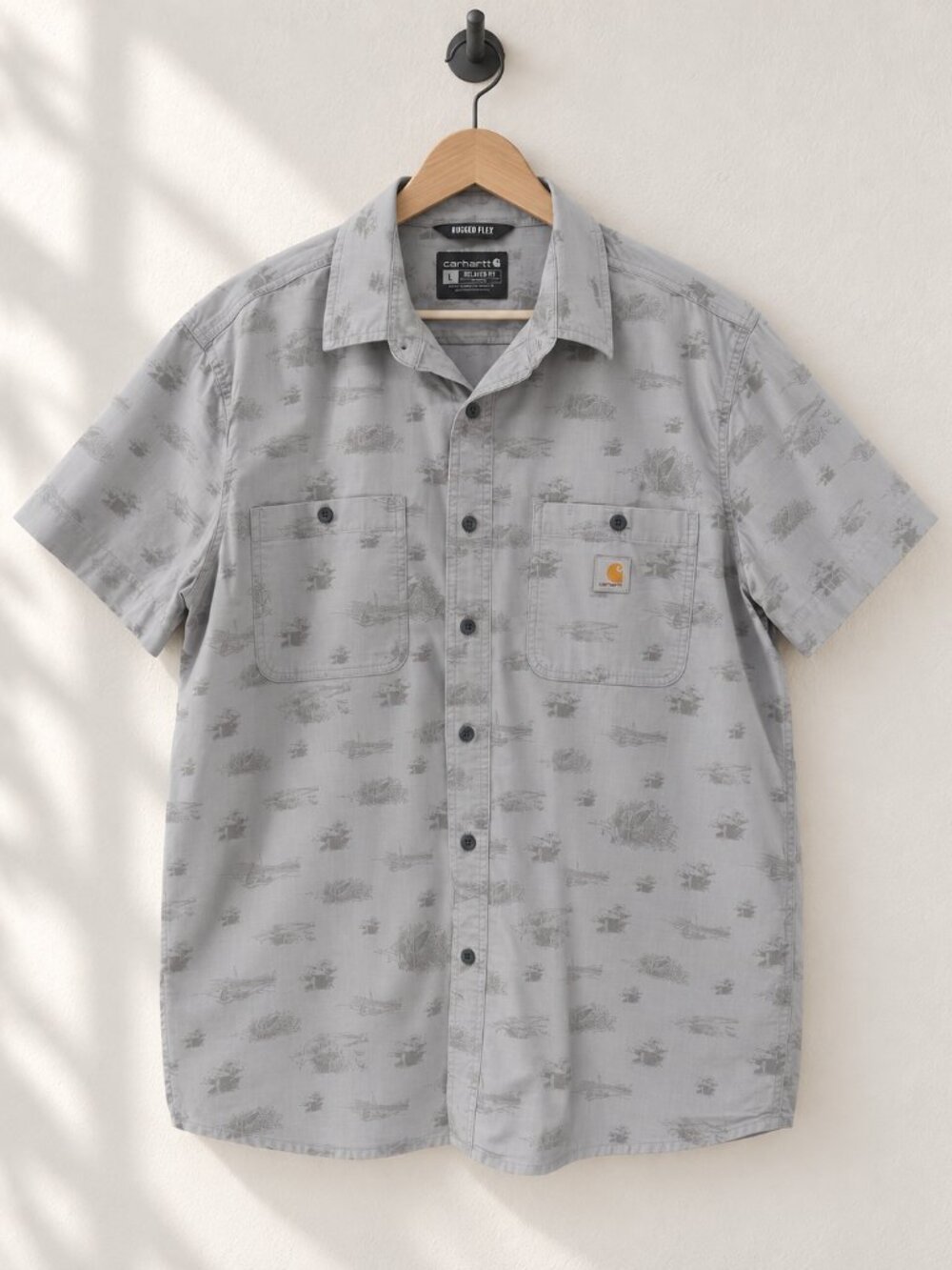 Carhartt, Men's Short Sleeve Shirt, Rugged Flex Relaxed Fit, Grey Print Size L